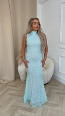 Oscars VIP Mint Luxe High Neck Backless Jewel Beaded Sequin Hourglass Maxi Dress