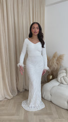 Luminous White Luxe Hourglass Embellished Sequin Long Sleeve Feather Cuff Maxi Dress