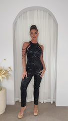 Shadow Luxe Exclusive Black High Neck Beaded Shoulder Sequin Embellished Hourglass Illusion Jumpsuit
