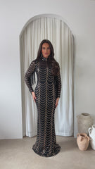 Hypnotic Black Rose Gold Luxe VIP Tassel Fringe Sequin Embellished Illusion Long Sleeve Maxi Dress