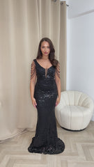 Centerpiece Black Plunge Luxe Beaded Shoulder Fringe Sequin Embellished Illusion Maxi Dress