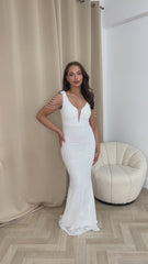 Centerpiece White Plunge Luxe Beaded Shoulder Fringe Sequin Embellished Illusion Maxi Dress