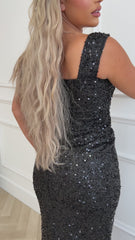 Galaxy Black Luxe Sequin Embellished Off The Shoulder Bardot Feather Slit Maxi Dress