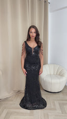 Centerpiece Black Plunge Luxe Beaded Shoulder Fringe Sequin Embellished Illusion Maxi Dress
