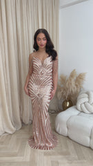 Vanity Rose Gold Luxe Sweetheart Beaded Shoulder Fringe Sequin Embellished Mermaid Illusion Maxi Dress
