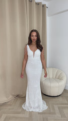Centerpiece White Plunge Luxe Beaded Shoulder Fringe Sequin Embellished Illusion Maxi Dress