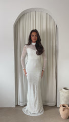 Hypnotic White Luxe VIP Tassel Fringe Sequin Embellished Illusion Long Sleeve Maxi Dress