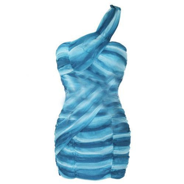 Gemma Blue Chiffon Drape Fitted Mini Dress