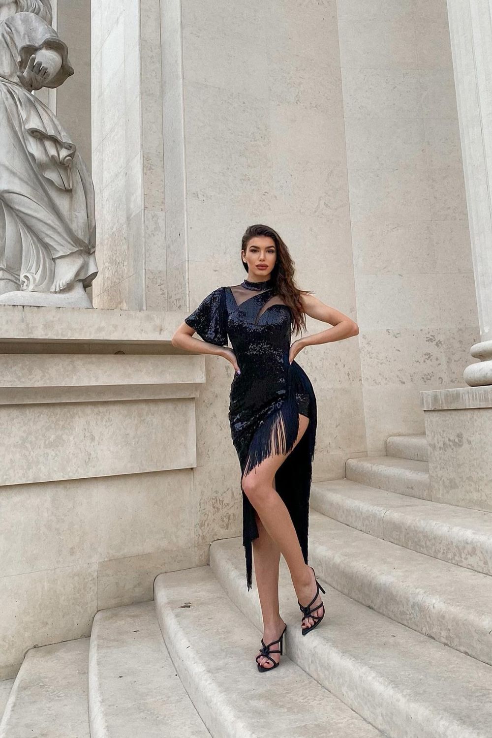 Soulmate Vip Black Luxe Tassel Fringe Sequin Mesh Embellished Midi Slit Dress