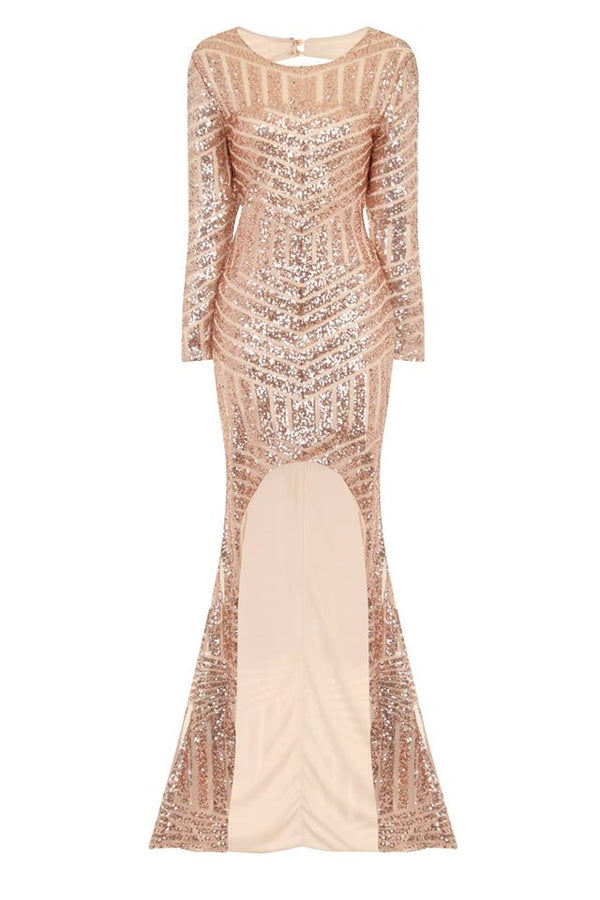 Halo Gold Long Sleeve Sequin Asymmetric Dress