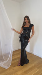 Fame Black Luxe Feather One Shoulder Sequin Illusion Slit Maxi Dress
