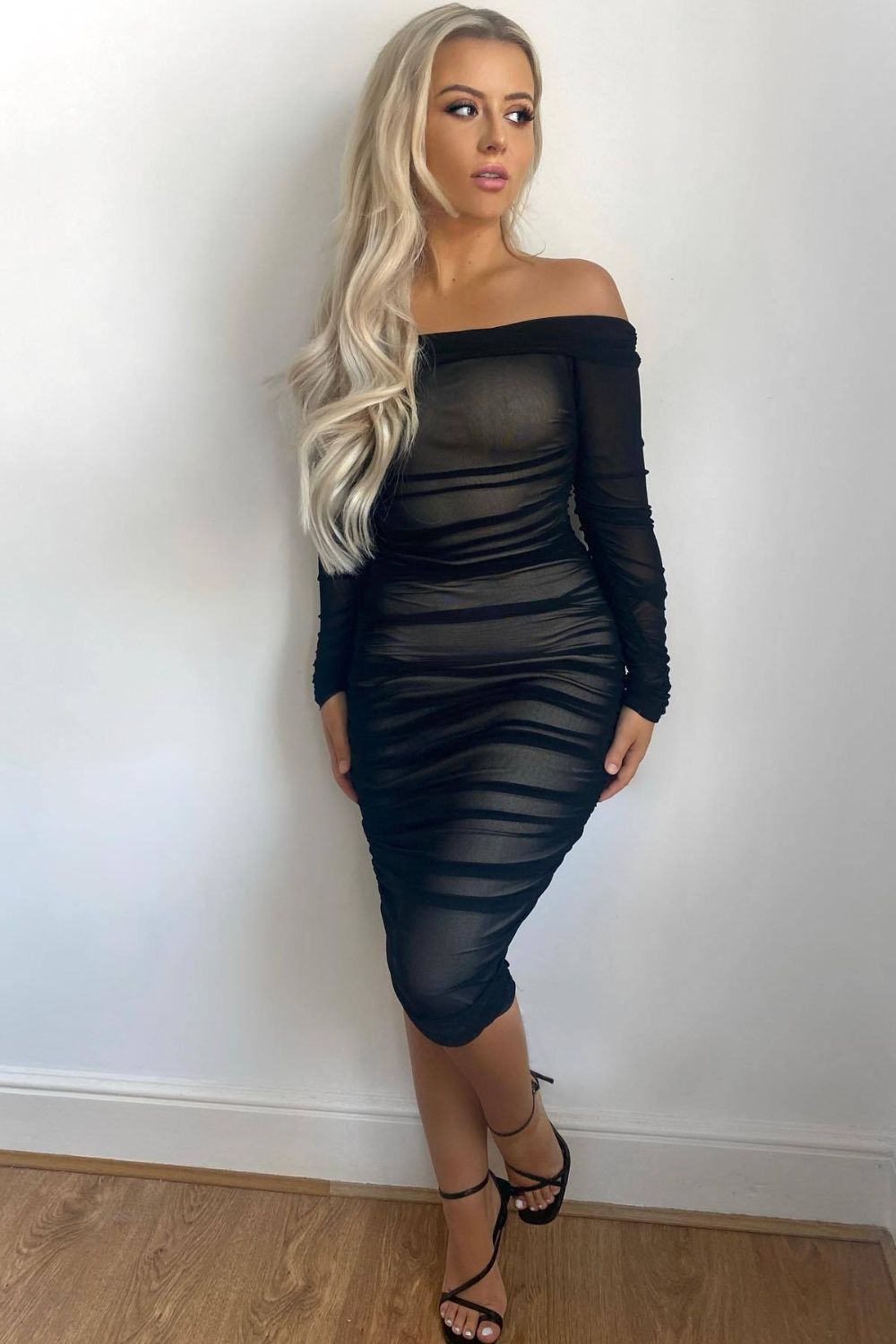 Felicity Black Bardot Off The Shoulder Mesh Net Midi Bodycon Dress