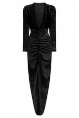 Yasmine Black Velvet Embellished Diamante Long Sleeve Maxi Dress