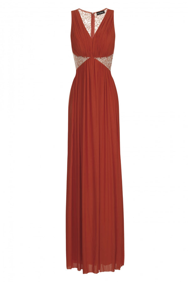 Elia Coral Gold Embrodiered Goddess Grecian Maxi Gown Dress