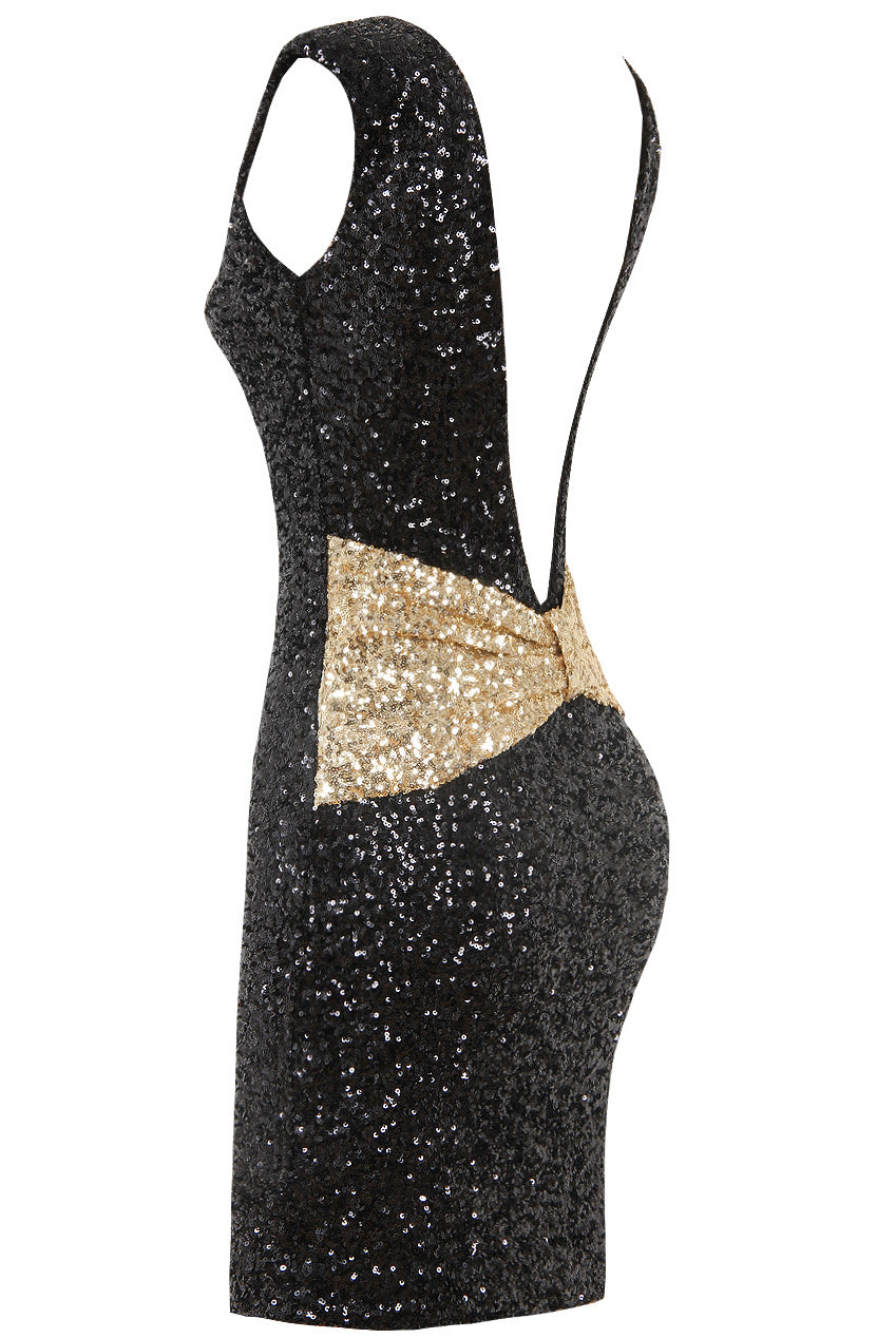 Monroe Black Sequin Plunge Bow Back Bodycon Dress