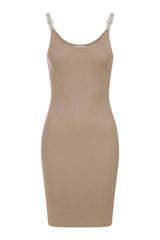 Angelina Beige Diamonte Strap Ribbed Knitted Pencil Midi Bodycon Dress