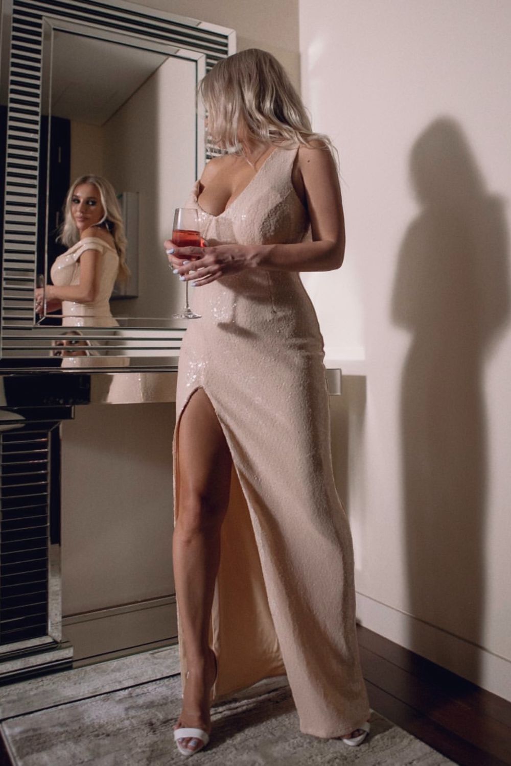 Marilyn Champagne Sequin Off The Shoulder Maxi Slit Dress