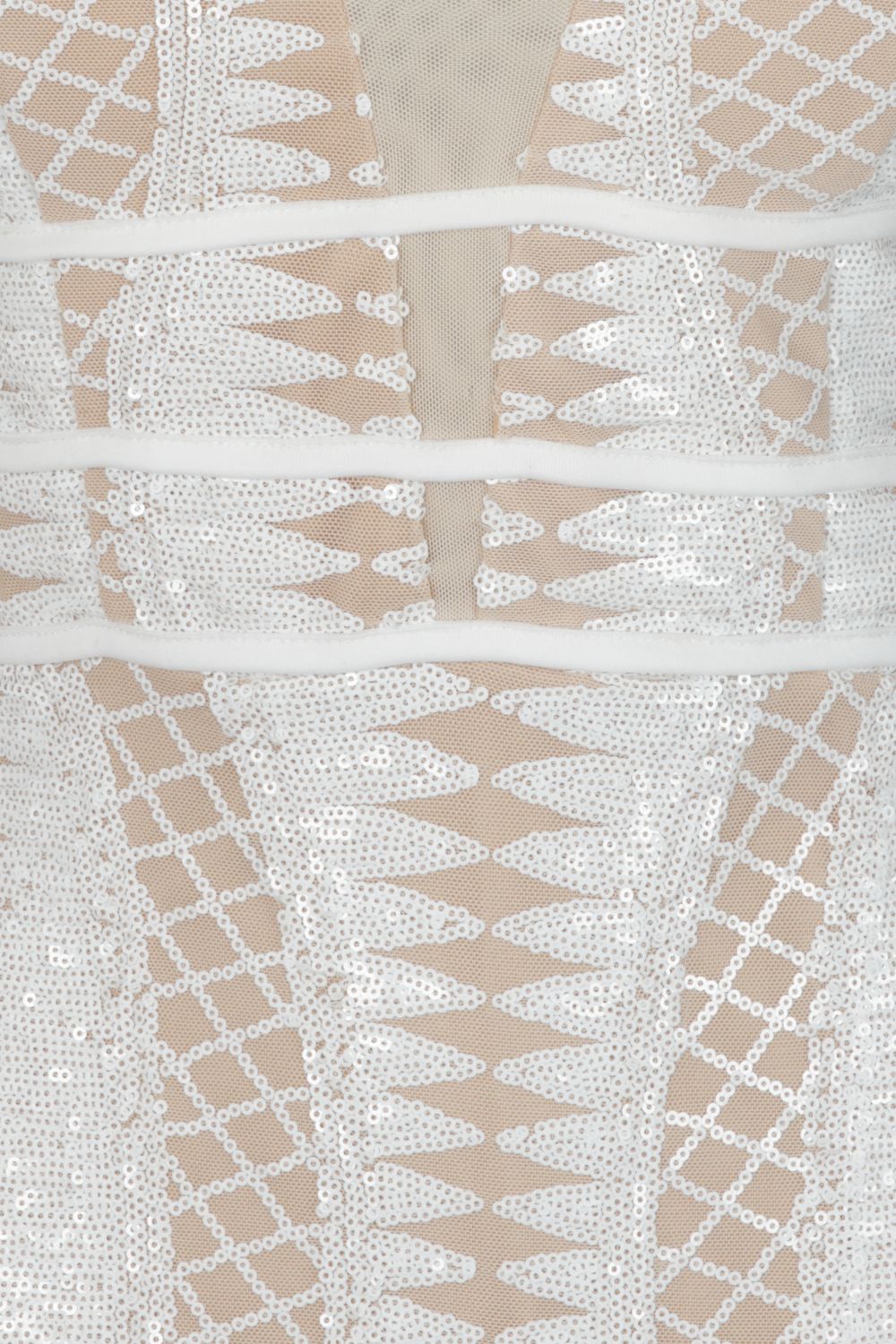 Virgo White Nude Plunge Cage Sequin Bandage Illusion Maxi Dress