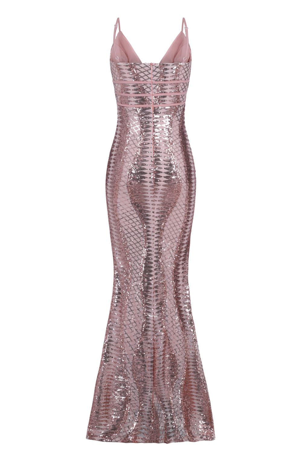 Virgo Rose Gold Plunge Cage Sequin Bandage Illusion Maxi Dress