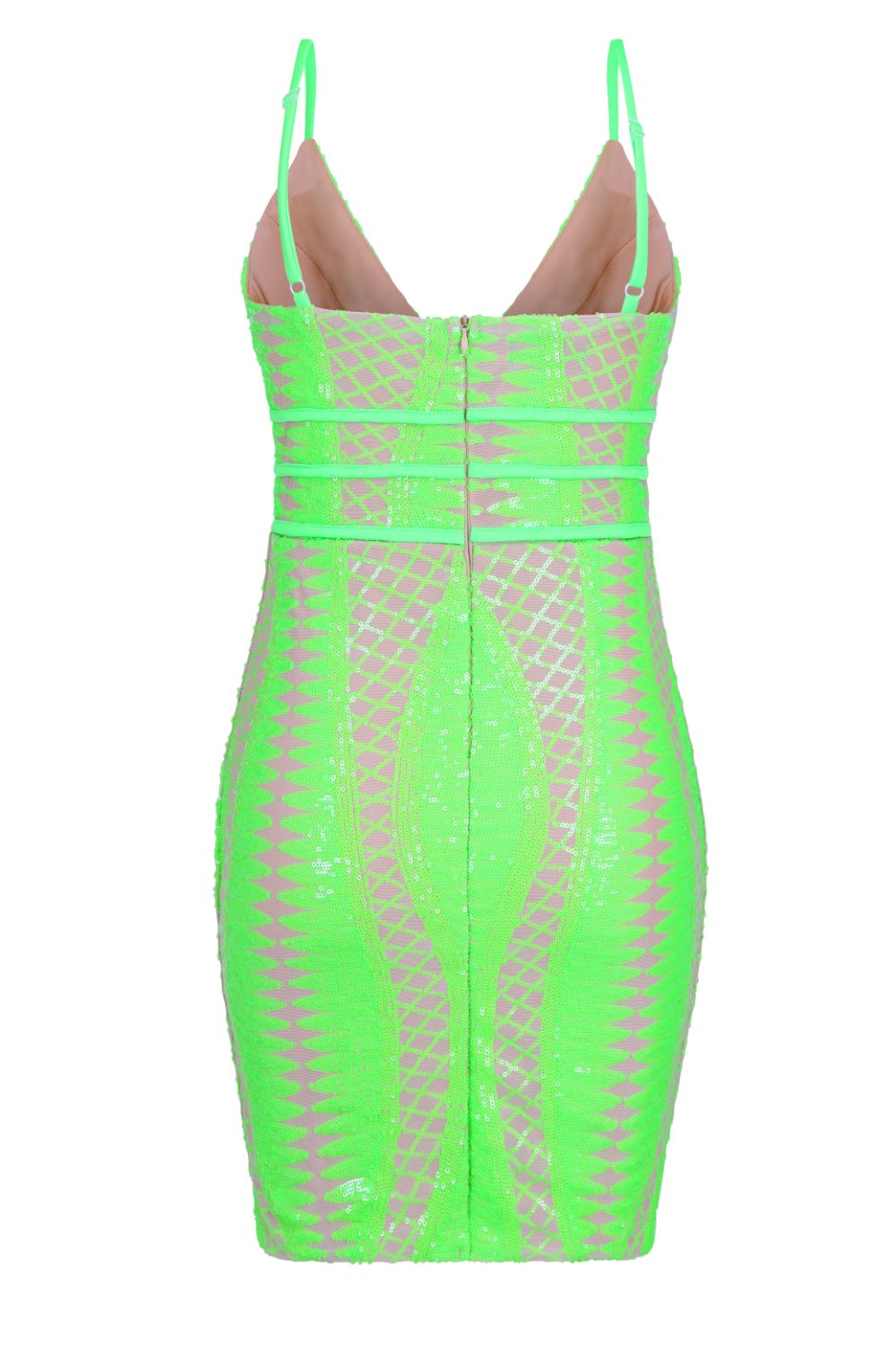 Limelight Neon Green Plunge Cage Sequin Bandage Illusion Mini Dress