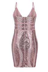 Limelight Rose Gold Nude Plunge Cage Sequin Bandage Illusion Mini Dress