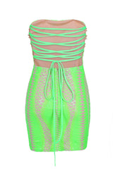 Tie Me Up Neon Green Bandeau Cage Sequin Bandage Illusion Lace Up Dress