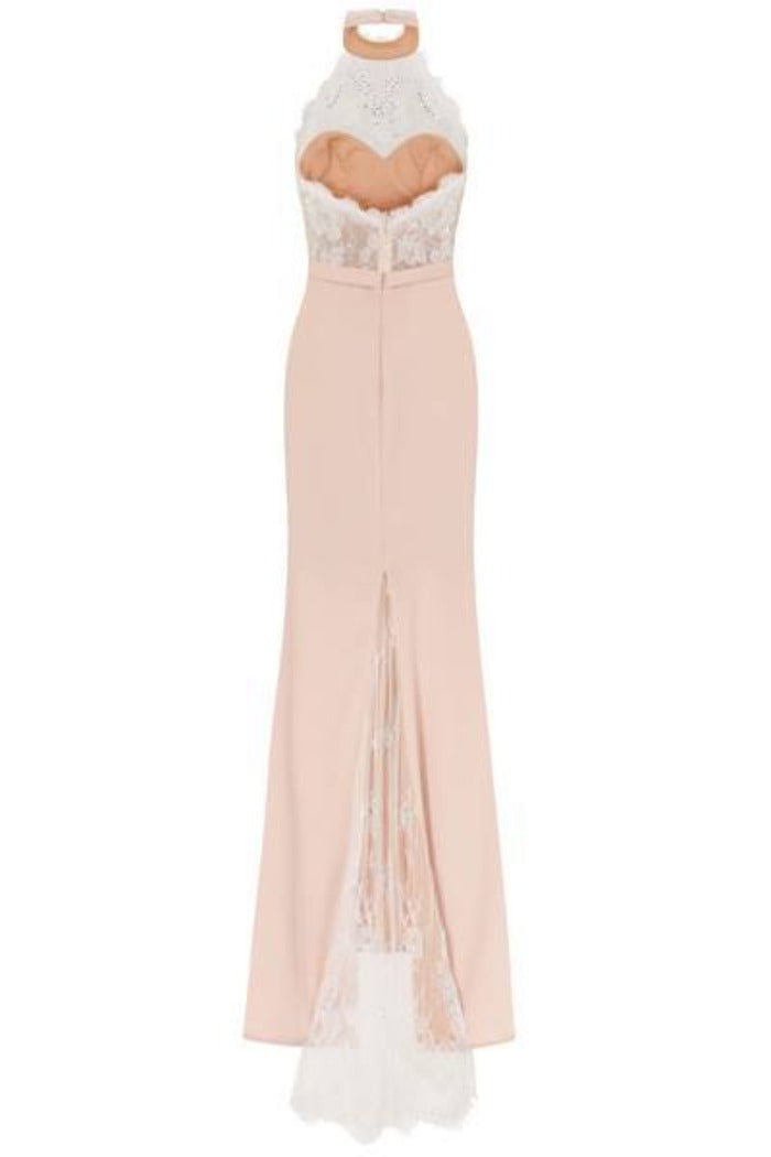 Cleo Luxe Nude Halterneck Diamante Lace Fishtail Maxi Dress