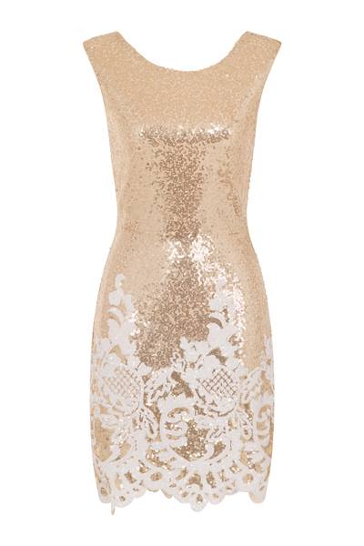 Alyssa Glam Gold & White Sequin Exposed Open Back Victorian Mini Dress