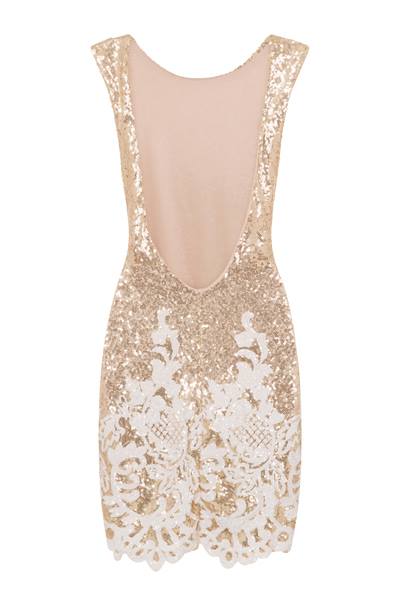 Alyssa Glam Gold & White Sequin Exposed Open Back Victorian Mini Dress