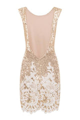 Alyssa Glam Gold & White Sequin Exposed Open Back Victorian Mini Dress