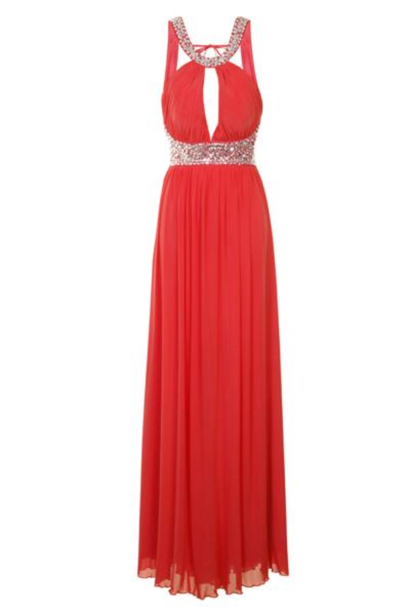 Papya Orange Grecian Jewel Open Back Maxi Gown Dress
