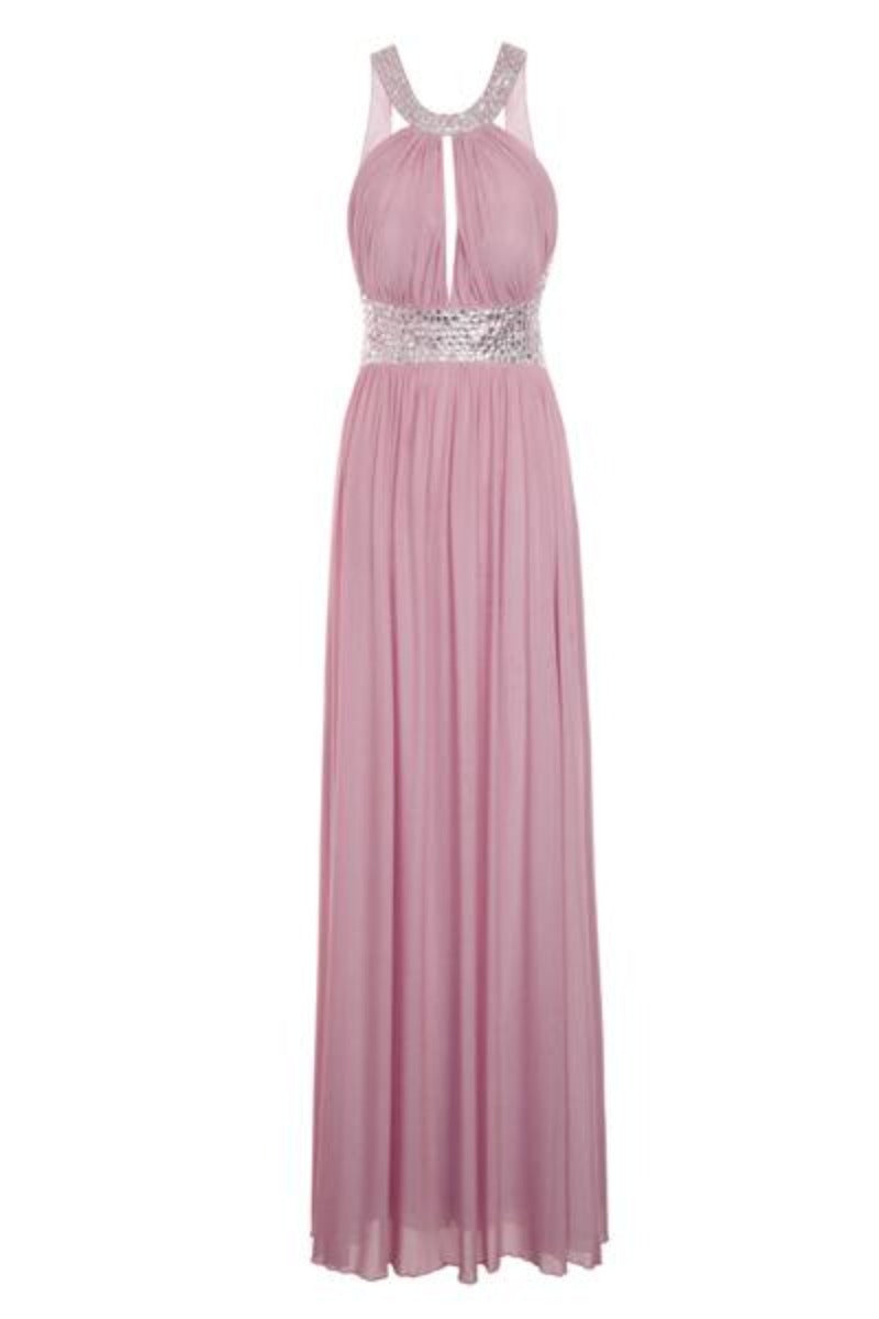 Papya Blush Pink Jewel Open Back Maxi Grecian Gown Dress