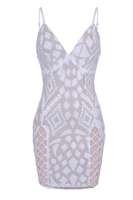 Eye Candy White Nude Plunge Sequin Lace Up Thigh Mini Dress