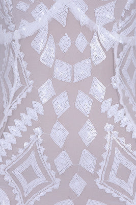 Eye Candy White Nude Plunge Sequin Lace Up Thigh Mini Dress