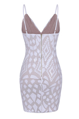 Eye Candy White Nude Plunge Sequin Lace Up Thigh Mini Dress
