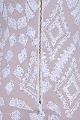 Eye Candy White Nude Plunge Sequin Lace Up Thigh Mini Dress