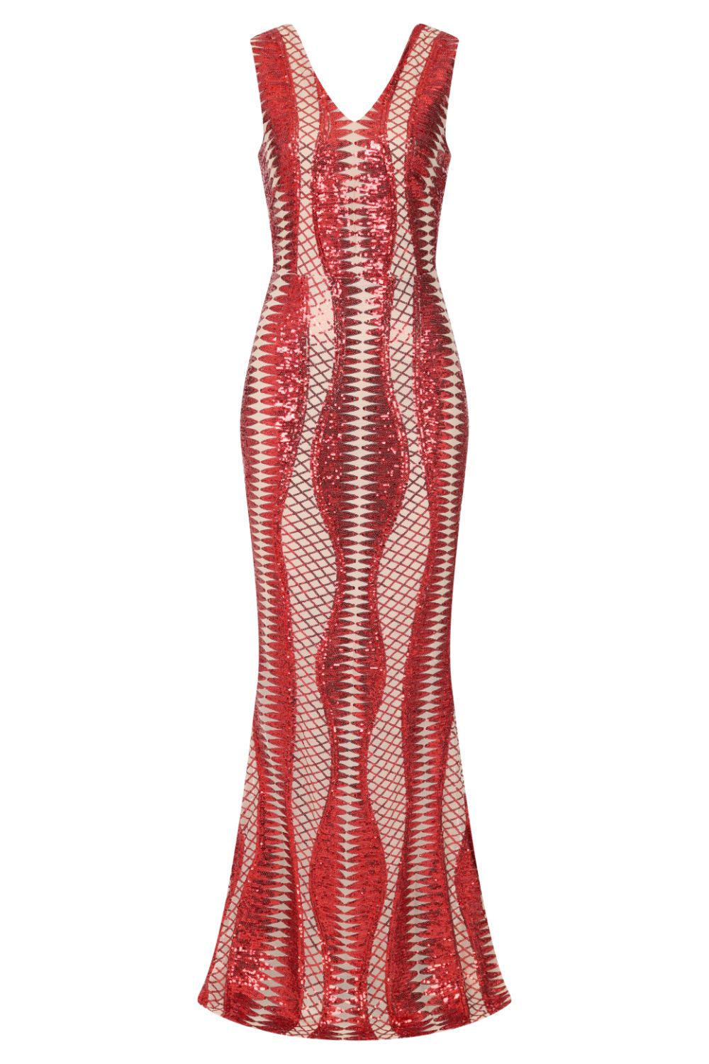 Twilight Red Nude Sequin Bandage Cage Bodycon Maxi Mermaid Dress