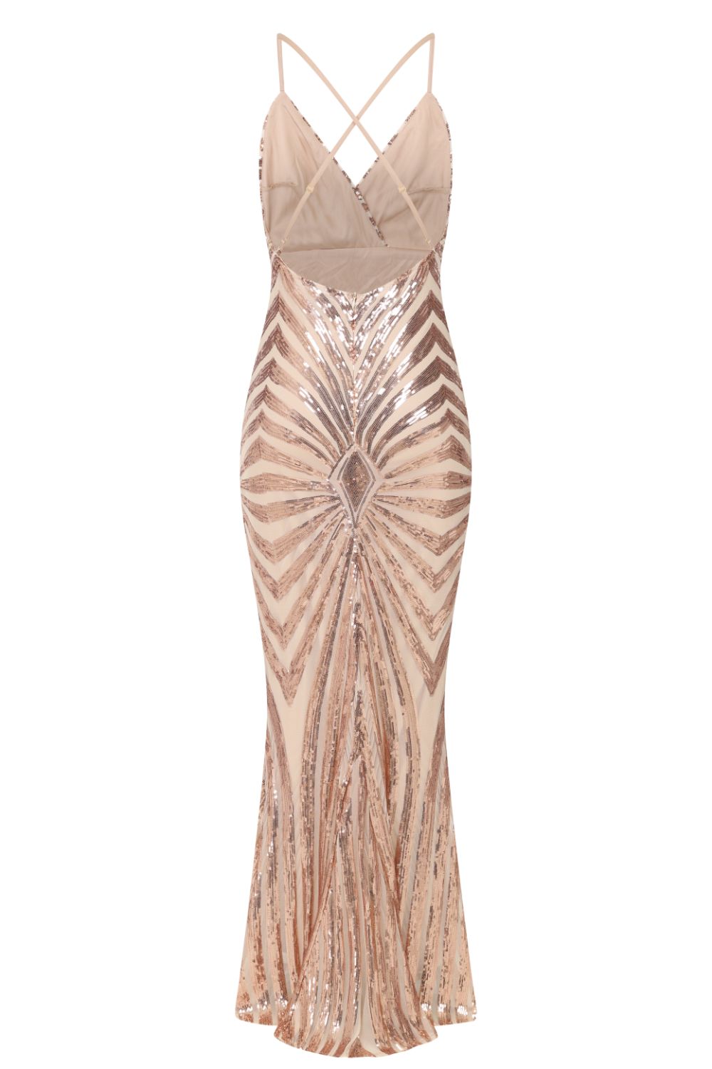 Timeless Rose Gold Plunge Sequin Hourglass Illusion Mermaid Maxi Dress