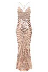 Timeless Rose Gold Plunge Sequin Hourglass Illusion Mermaid Maxi Dress