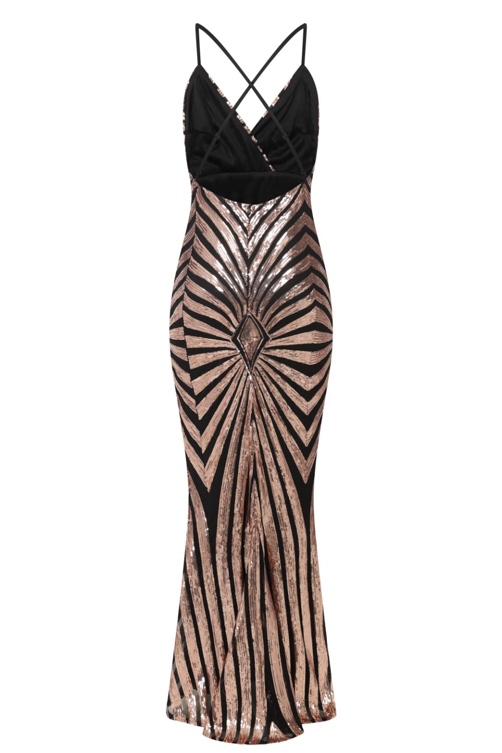Timeless Black Gold Plunge Sequin Hourglass Illusion Mermaid Maxi Dress