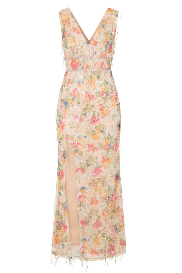 Taking Chances Thigh High Slit Floral Tassel Fringe Sequin Maxi Gown Dress