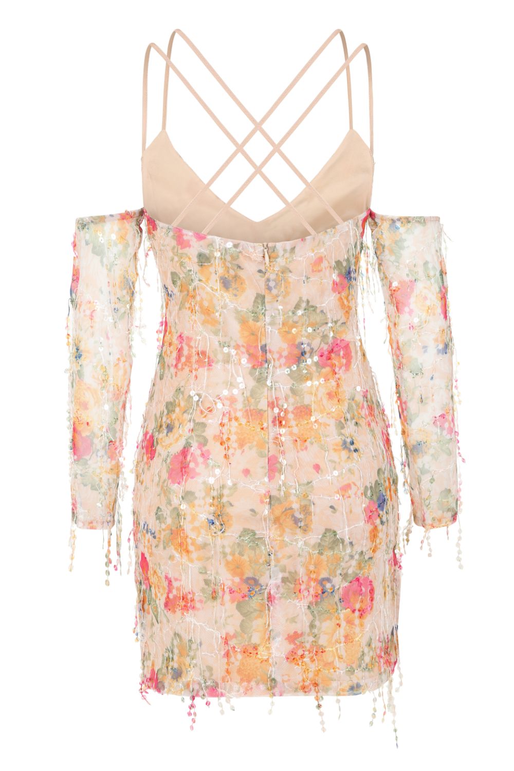 Pretty Please Floral Tassel Fringe Sequin Cold Shoulder Dress