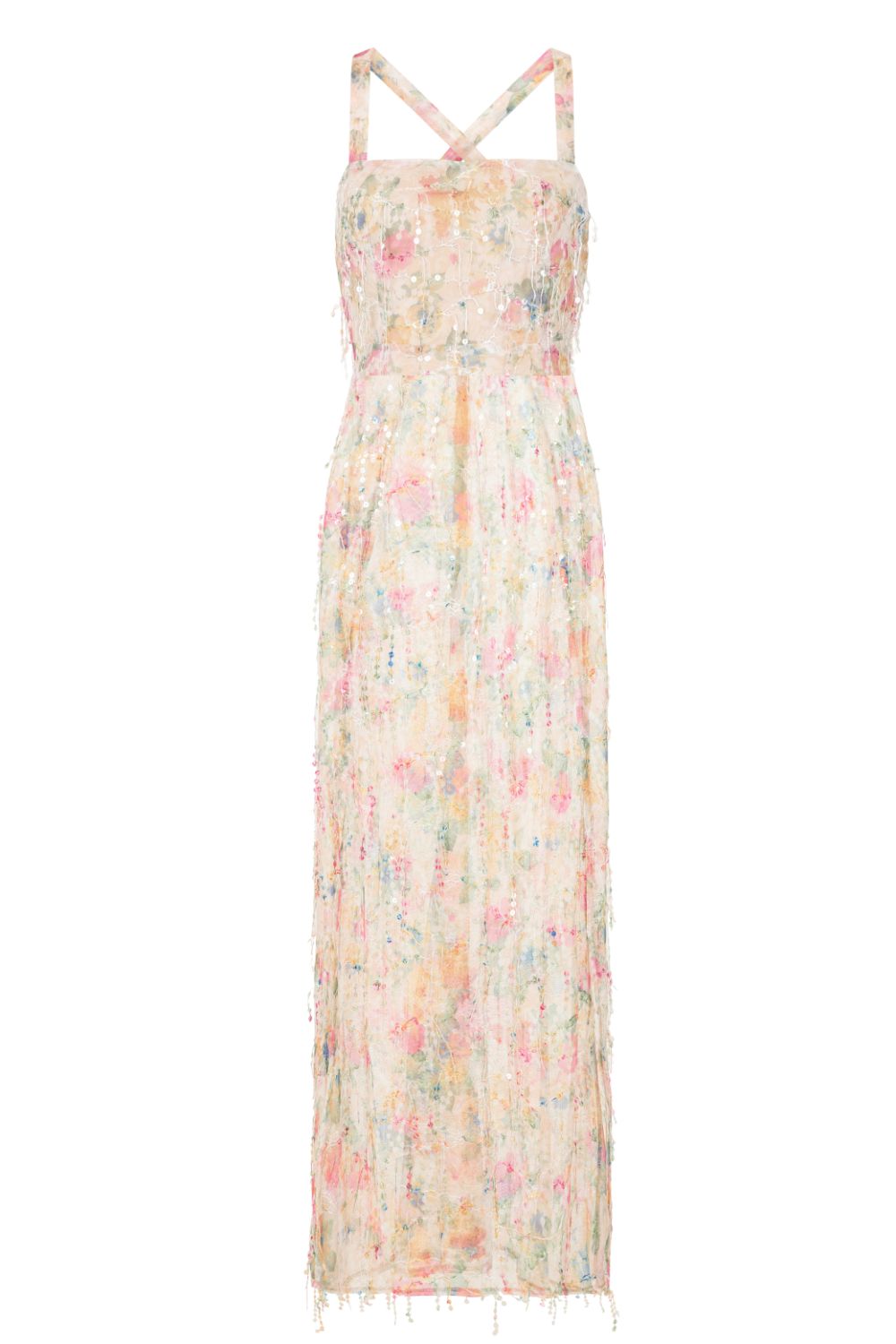 Floral Temptation Sheer Tassel Fringe Sequin Double Slit Maxi Dress