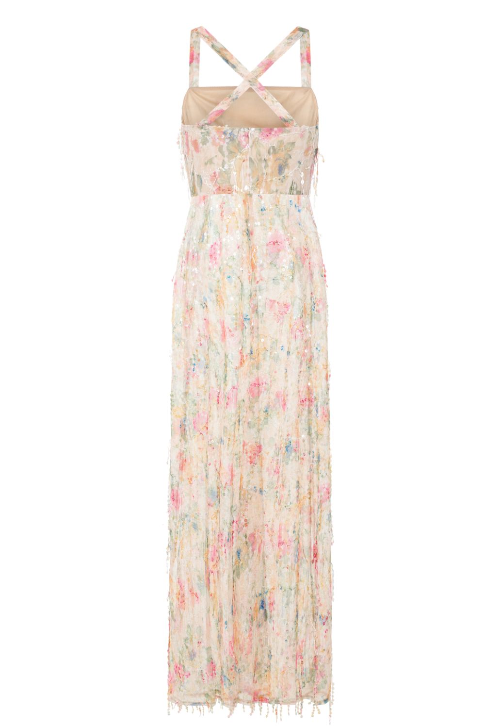 Floral Temptation Sheer Tassel Fringe Sequin Double Slit Maxi Dress