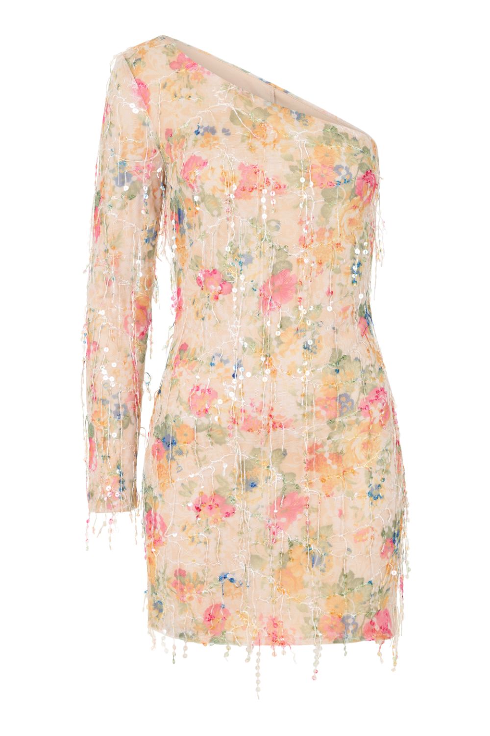 Choose Me Floral Tassel Fringe Sequin One Shoulder Dress