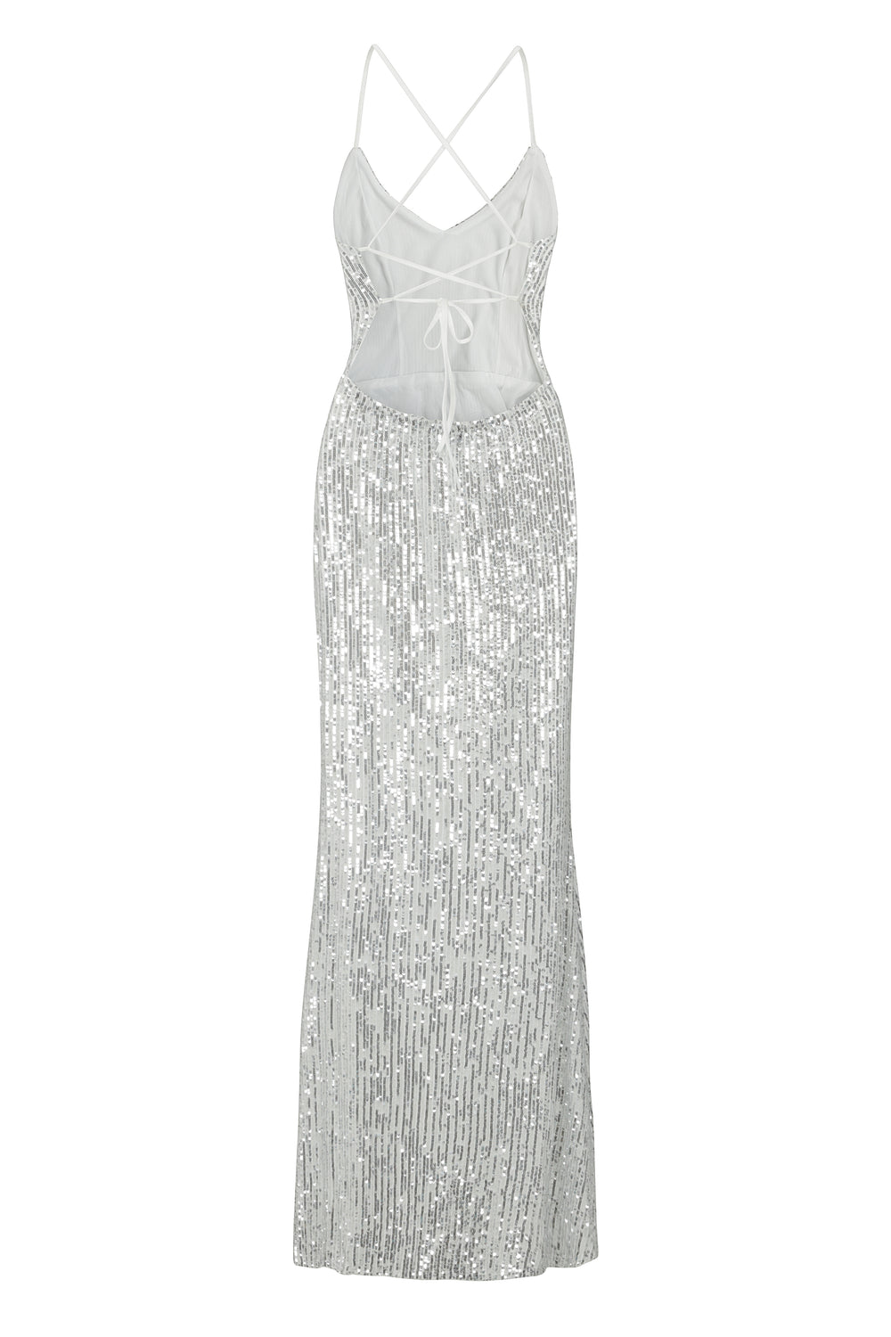 Big Dreams Silver Tie Back Sequin Plunge Slit Maxi Dress