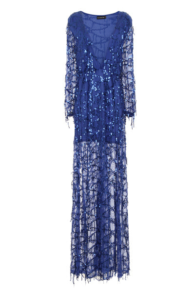 Victoria Blue Plunge Long Sleeve Fringe Sequin Slit Dress