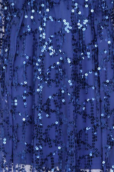 Victoria Blue Plunge Long Sleeve Fringe Sequin Slit Dress