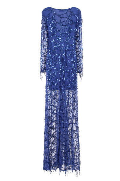Victoria Blue Plunge Long Sleeve Fringe Sequin Slit Dress