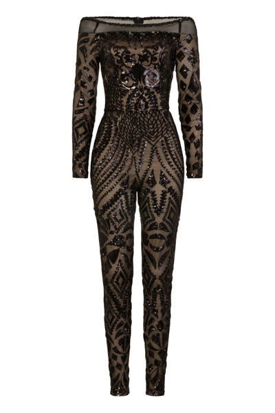 Fatale Black Luxe Illusion Sequin Bardot Mesh Embellished Jumpsuit